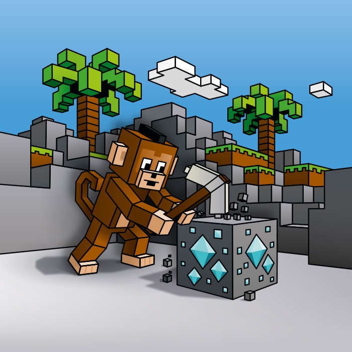 Eine Illustration in Block-Optik von einem Affen, der in einem Steinbruch mit einer Axt auf einen Erzblock schlägt, um an die Diamanten darin zu gelangen.