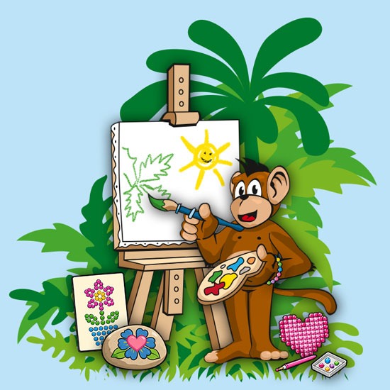 Kreativer Comic-Affe mit Pinsel und Leinwand beim Bastelspaß im Dschungel