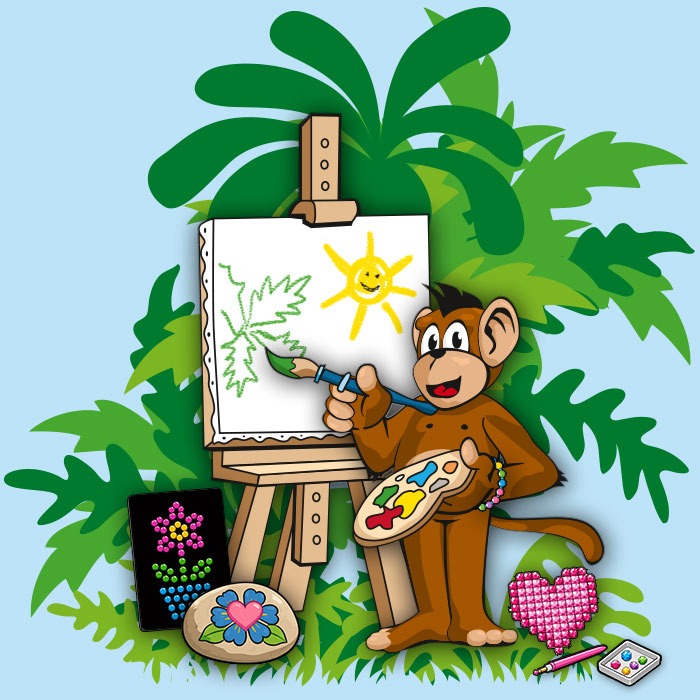 Kreativer Comic-Affe mit Pinsel und Leinwand beim Bastelspaß im Dschungel