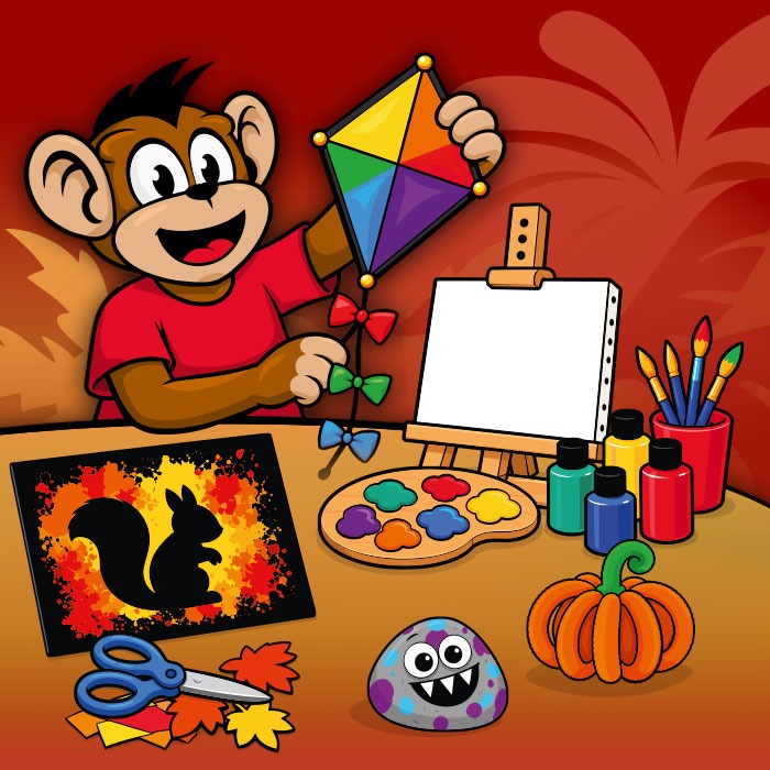 Comic Affe beim Basteln in den Herbstferien im Indoorspielplatz